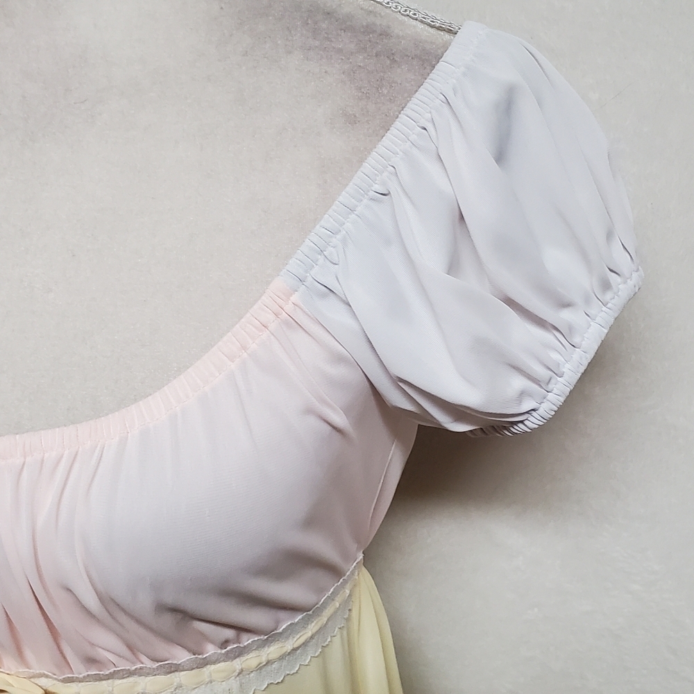 1960s Vintage Jrs by Barad Regencycore Pink Yellow Off-Shoulder Lace Nightgown - Picture 6 of 16